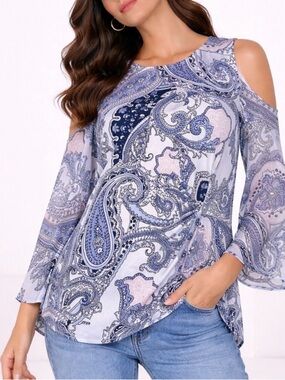 S. Levine pink And Grey Paisley Print Liquid Knit Cold Shoulder SZ M
